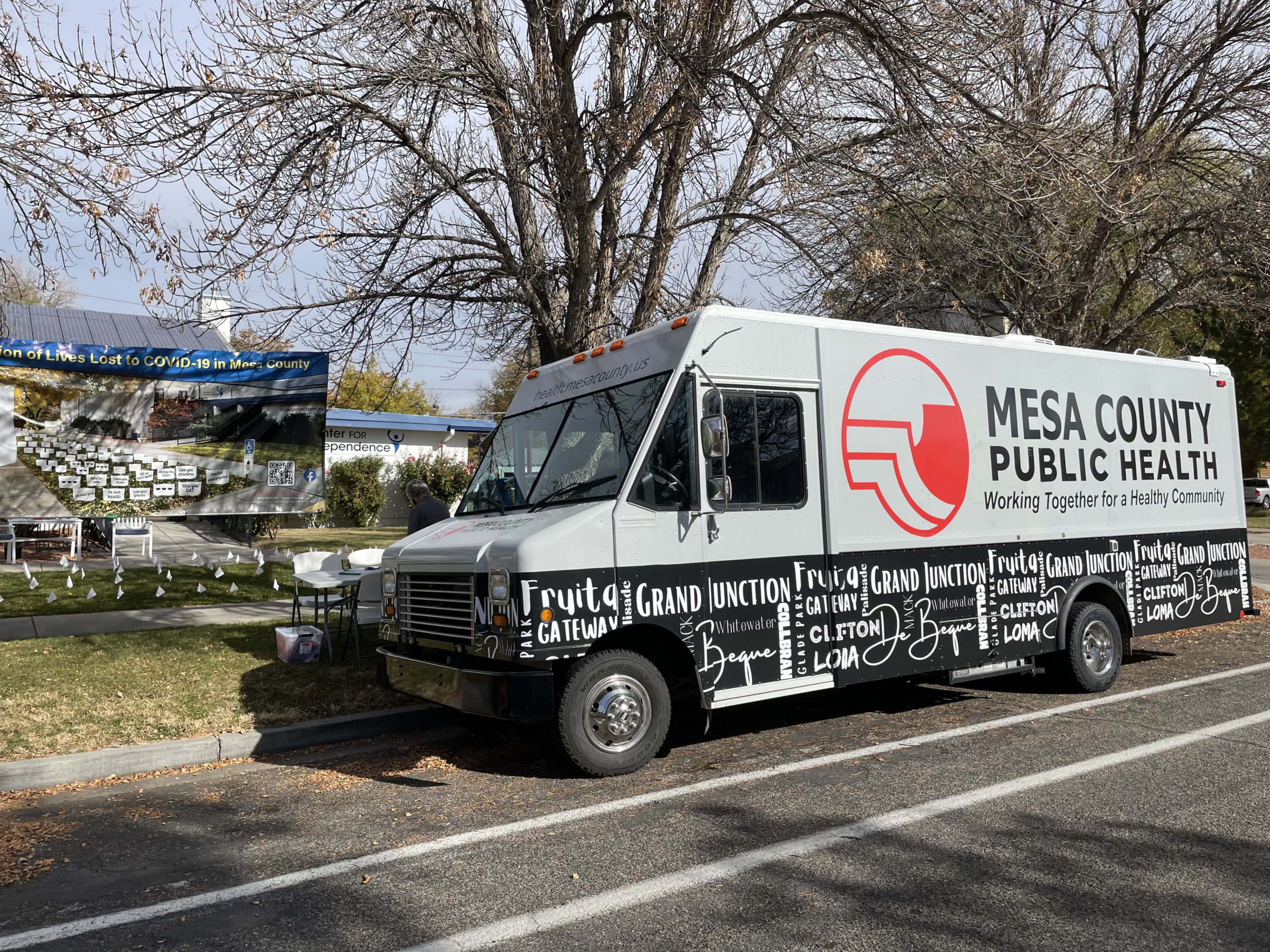 Mesa County Public Health's large mobile vaccine clinic parked in front of Center for Independence ready to offer vaccines to people.